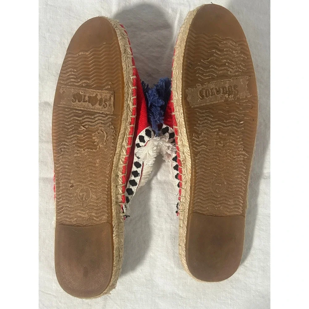 Soludos Red Canvas Pom Pom Tassel Espadrille Mules Womens Size 7 Boho Summer